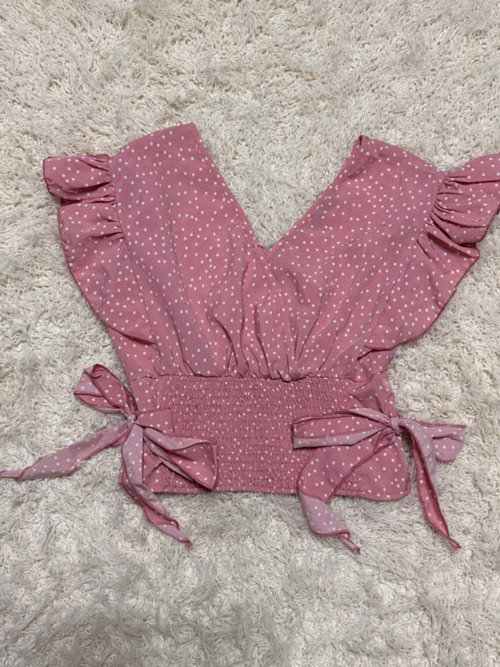 NWOT SHEIN women’s medium Pink Polka Dot V-Neck Smocked Waist Crop Top